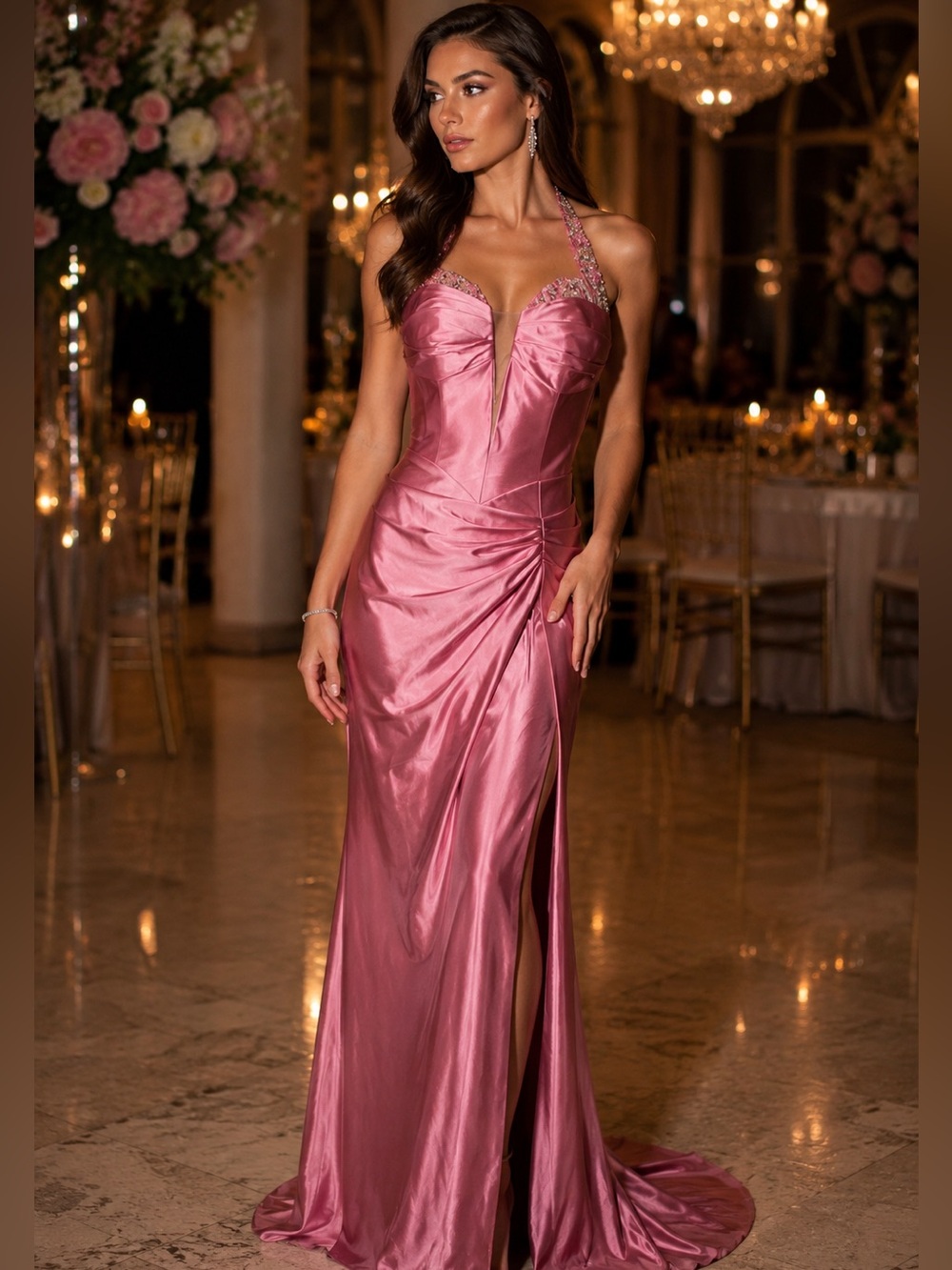 Jovani Pink Satin & Bejeweled Halter Dress, Style #: D5043A